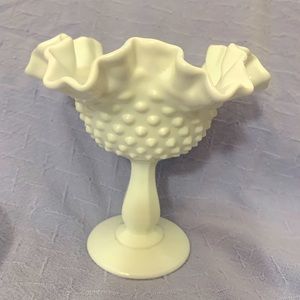 Vintage Fenton hobnail white milk glass ruffled  compote dish